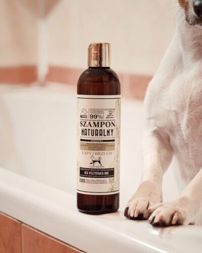 A cute dog sits beside a natural dog shampoo bottle on a bathtub, perfect for pet grooming themes.